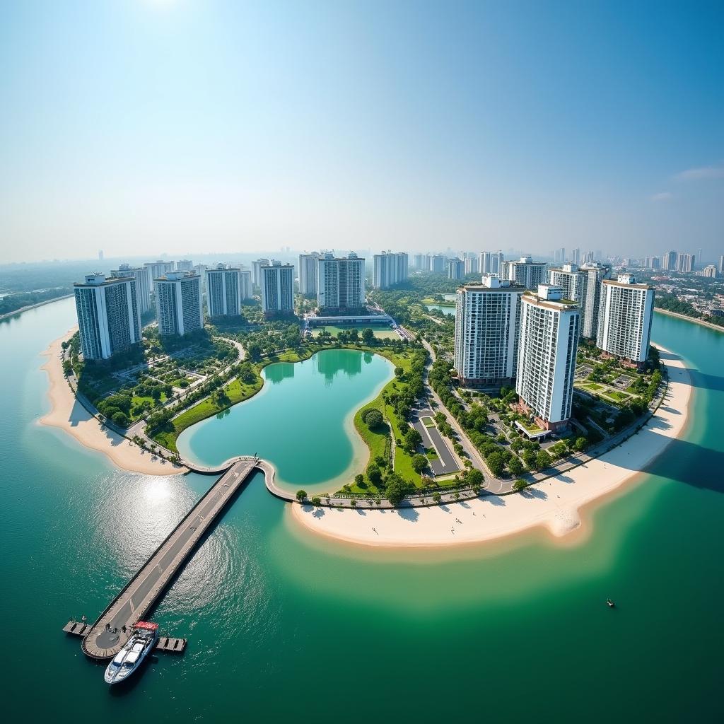 Toàn cảnh khu đô thị hiện đại sầm uất tại xã Gia Lâm với các tòa nhà cao tầng và hồ nước trong xanh.