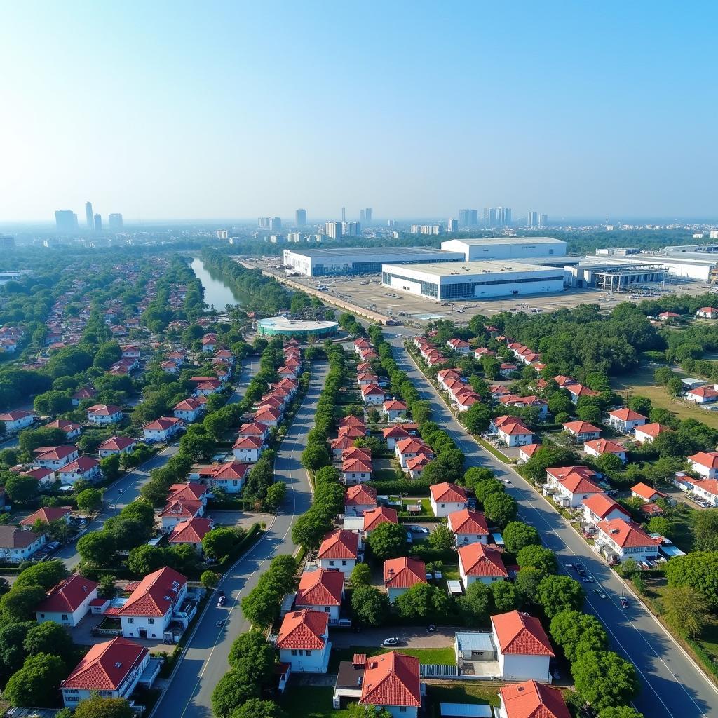 Toàn cảnh Phường Nếnh, thị xã Việt Yên, Bắc Ninh nhìn từ trên cao, thể hiện sự giao thoa giữa khu dân cư và khu công nghiệp