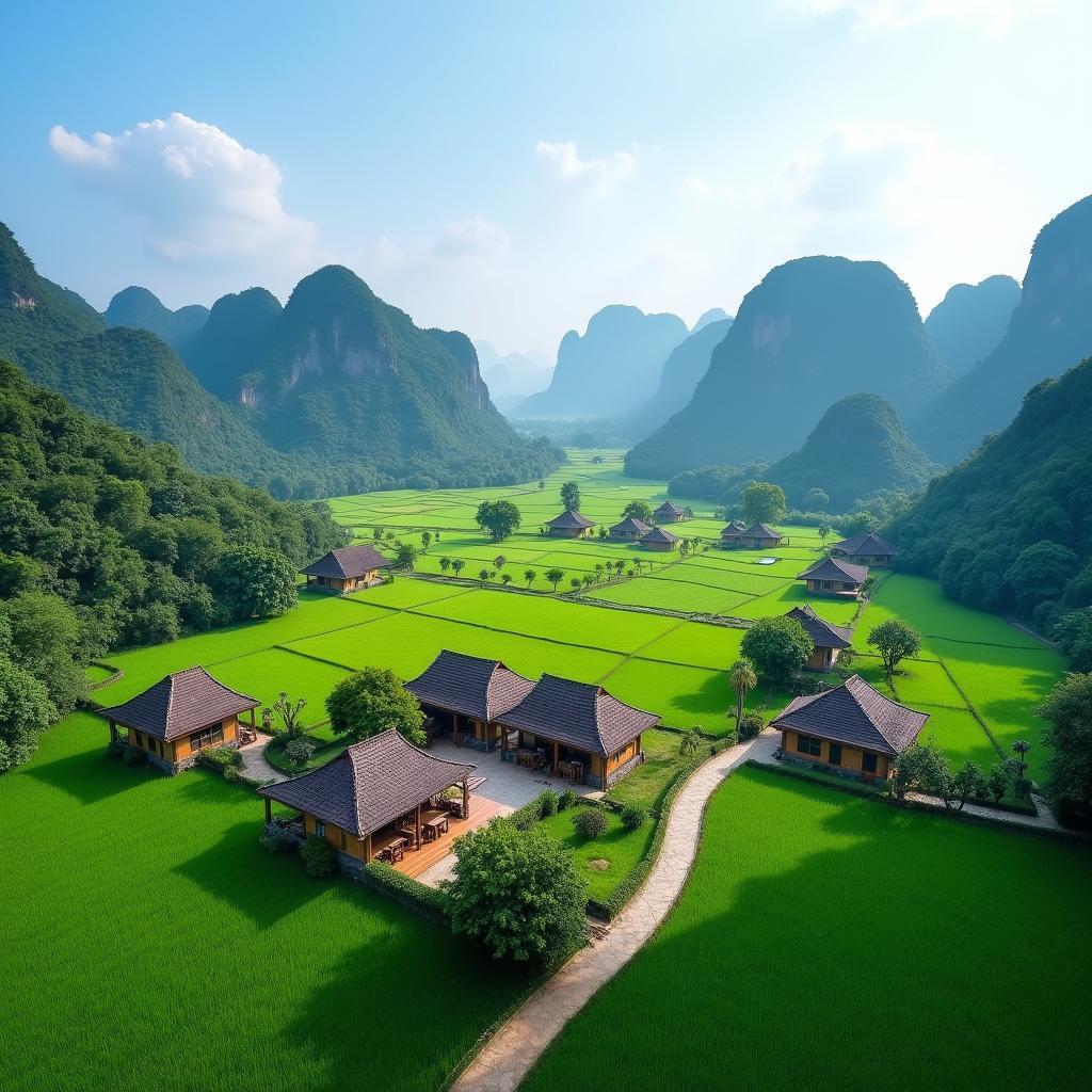 Toàn cảnh Tam Cốc Village Bungalow, Đồi 1, Vân Lâm nép mình yên bình bên cạnh cánh đồng lúa xanh mướt và những dãy núi đá vôi hùng vĩ của Ninh Bình