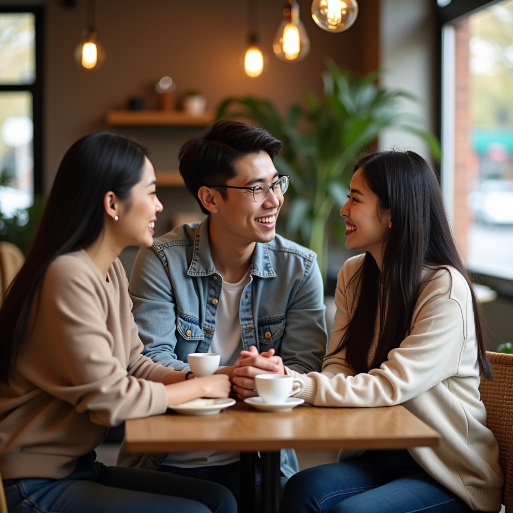 Nhóm ba người gồm một cặp đôi và người bạn thân khác giới đang trò chuyện vui vẻ, thể hiện sự tôn trọng ranh giới trong tình bạn.