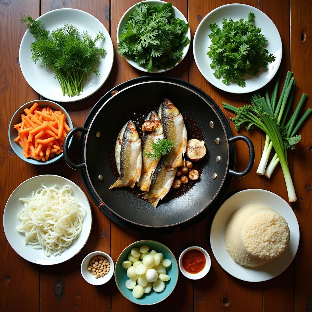 Bàn ăn đầy đủ các thành phần của món chả cá truyền thống.