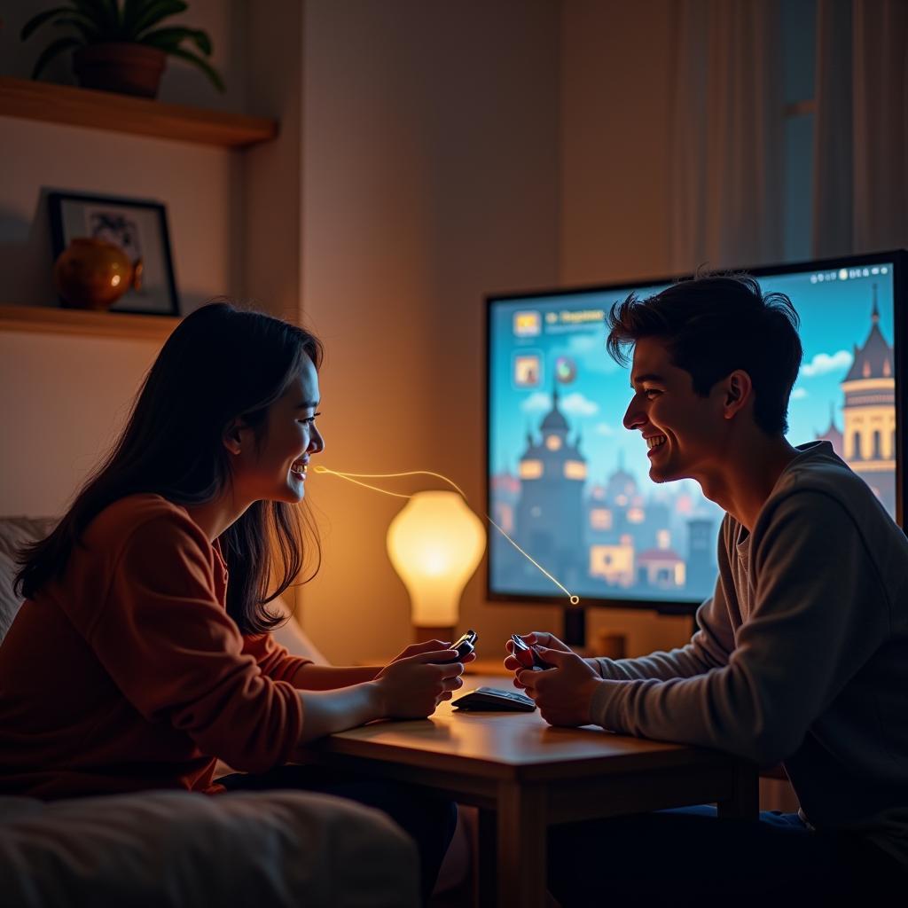 Hai người bạn từ hai nền văn hóa khác nhau cùng chơi game online vui vẻ.