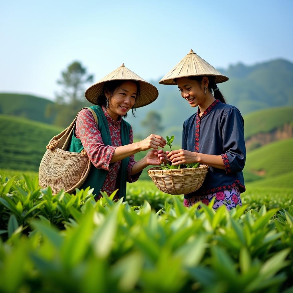 Du khách đang trải nghiệm hái chè cùng người nông dân Tày trên đồi chè Xã Hợp Thành, Phú Lương
