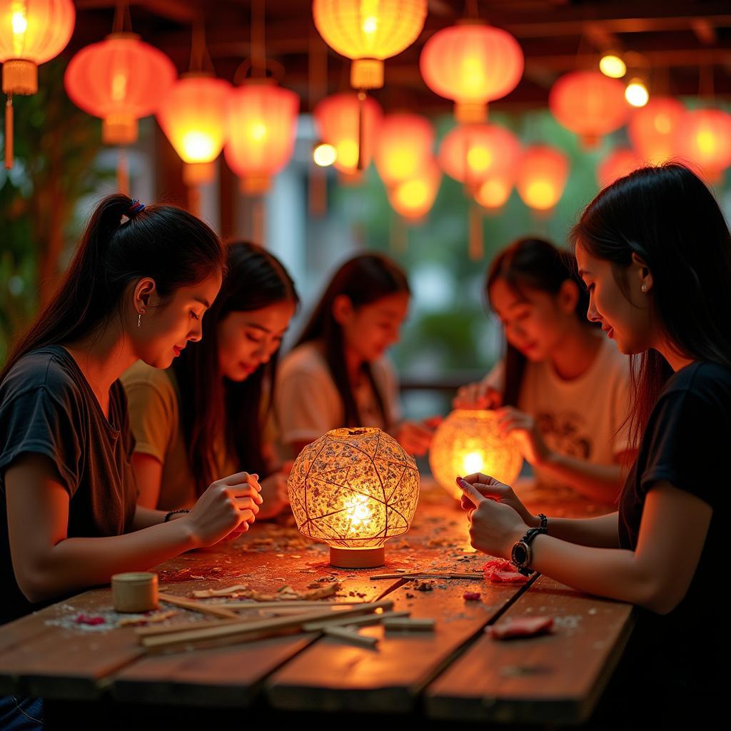 Nhóm bạn bè đang cùng nhau tham gia lớp học làm đèn lồng truyền thống tại một homestay ở Hội An.