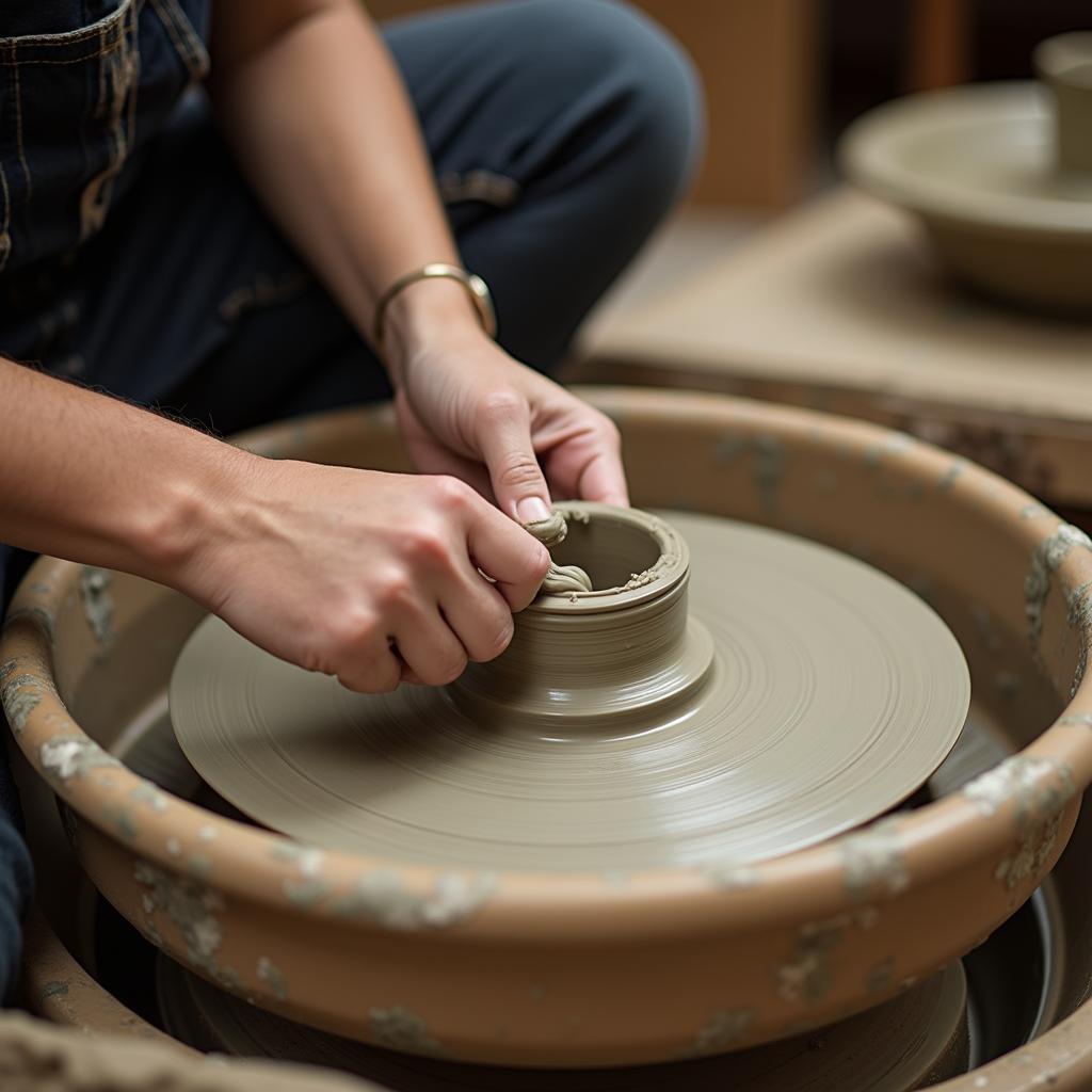 Người tham gia workshop đang tạo hình sản phẩm gốm trên bàn xoay tại The Gốm House