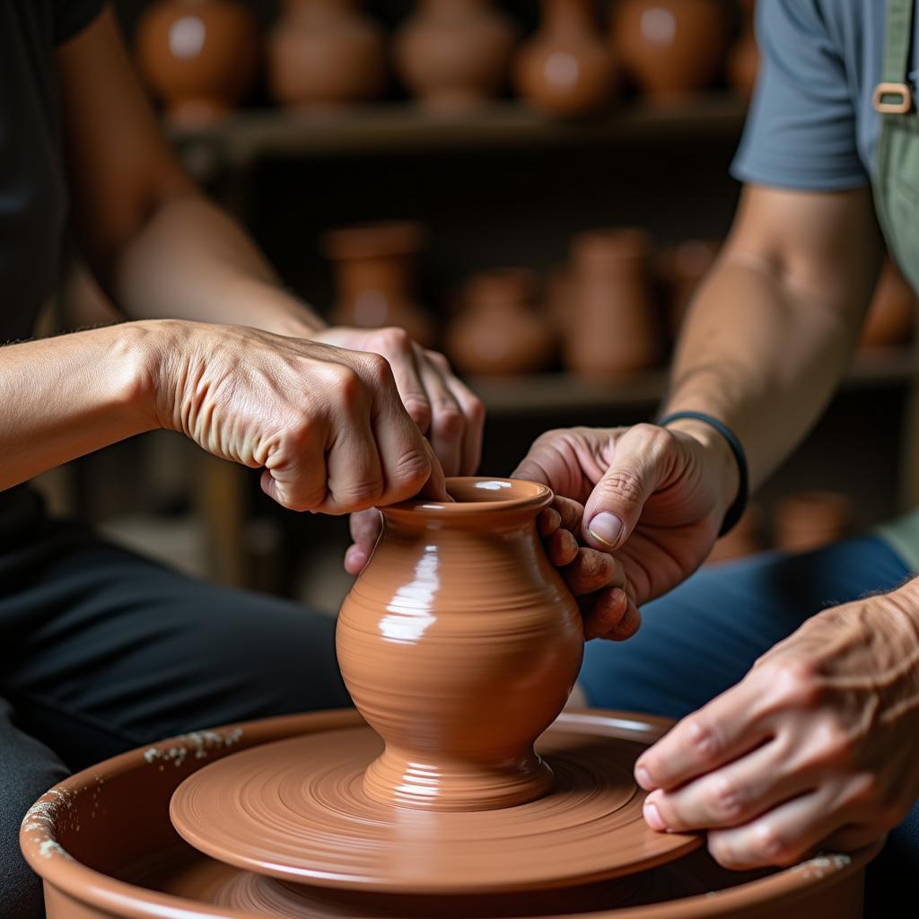 Du khách trải nghiệm tự tay nặn gốm trên bàn xoay dưới sự hướng dẫn của nghệ nhân Phù Lãng