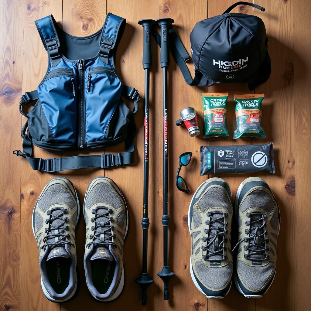 Bộ trang bị chạy trail cần thiết được sắp xếp gọn gàng, gồm giày, balo nước và gậy leo núi