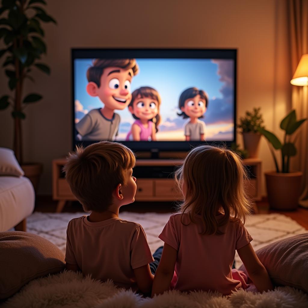 Hai bạn nhỏ một trai một gái đang ngồi xem phim hoạt hình về tình bạn trên tivi trong phòng khách ấm cúng, gương mặt rạng rỡ và thích thú