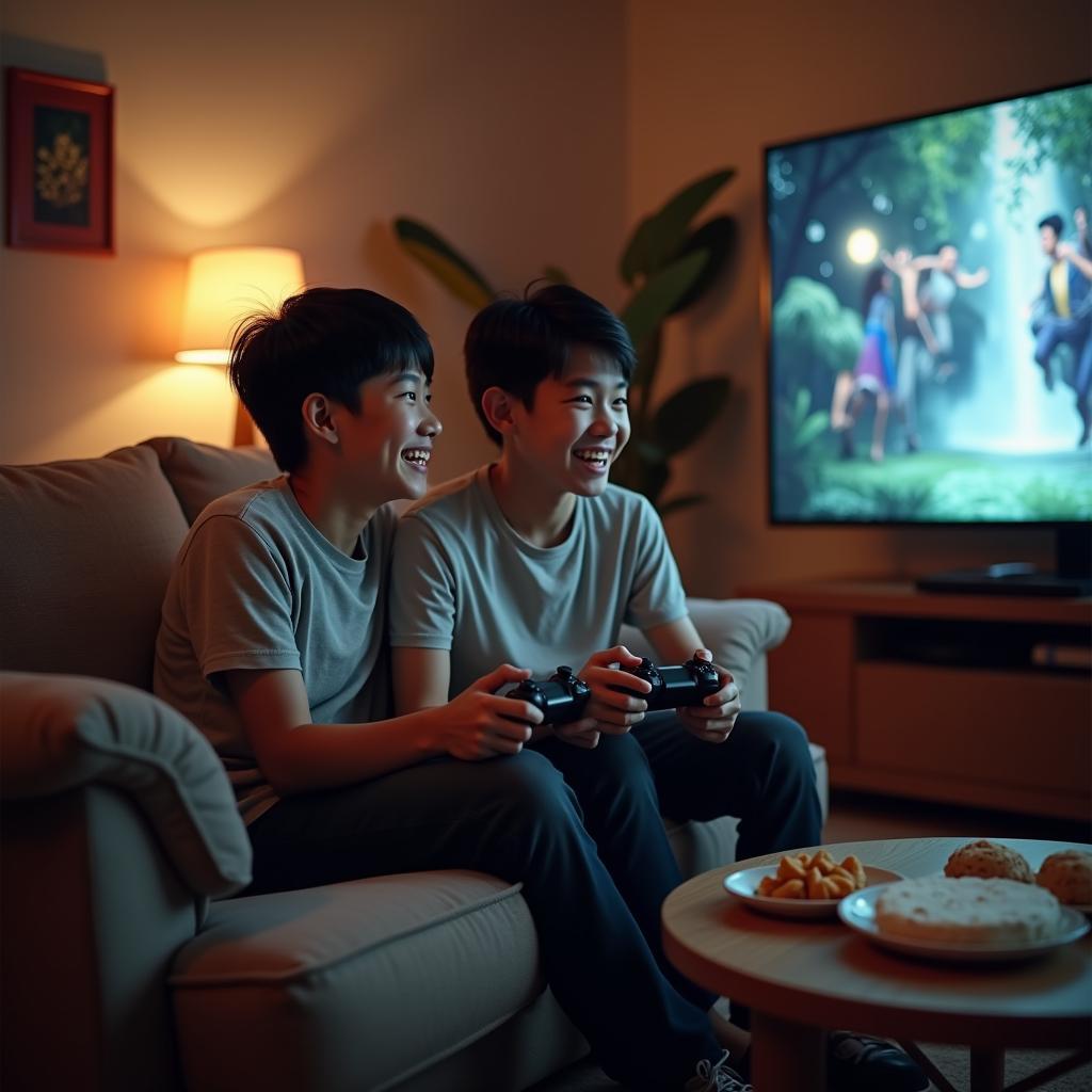 Hai anh em trai đang ngồi trên sofa cùng nhau chơi game co-op, thể hiện sự gắn kết và niềm vui chung.
