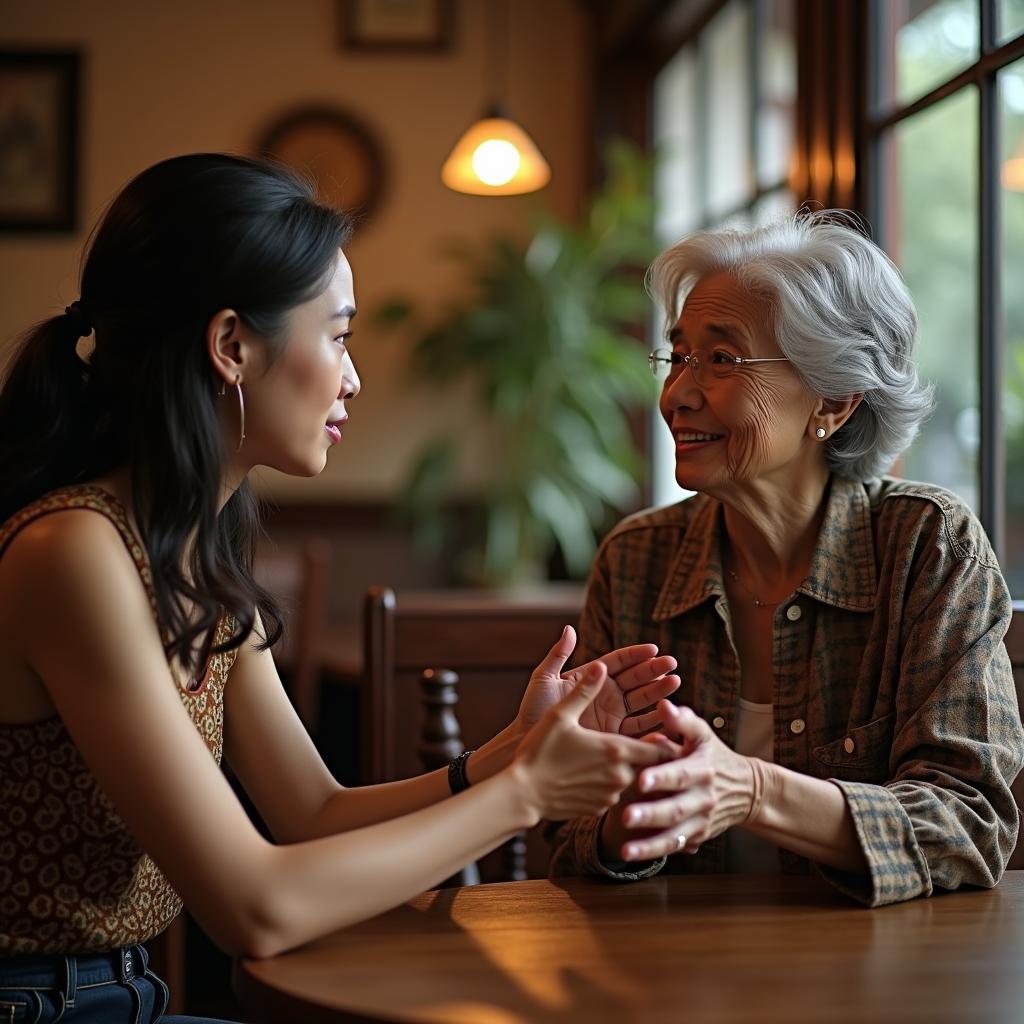 Hai người bạn một trẻ một già đang ngồi trò chuyện sâu sắc bên cửa sổ một quán cà phê ấm cúng, thể hiện cách giao tiếp với bạn cách nhiều tuổi