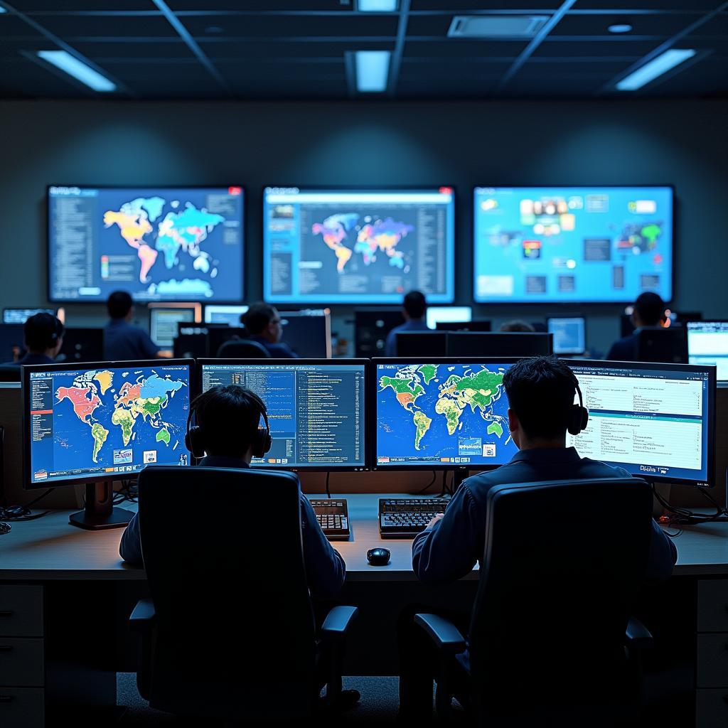 Bên trong trung tâm điều hành mạng (NOC) của VNPT Net với các kỹ sư đang giám sát hệ thống.