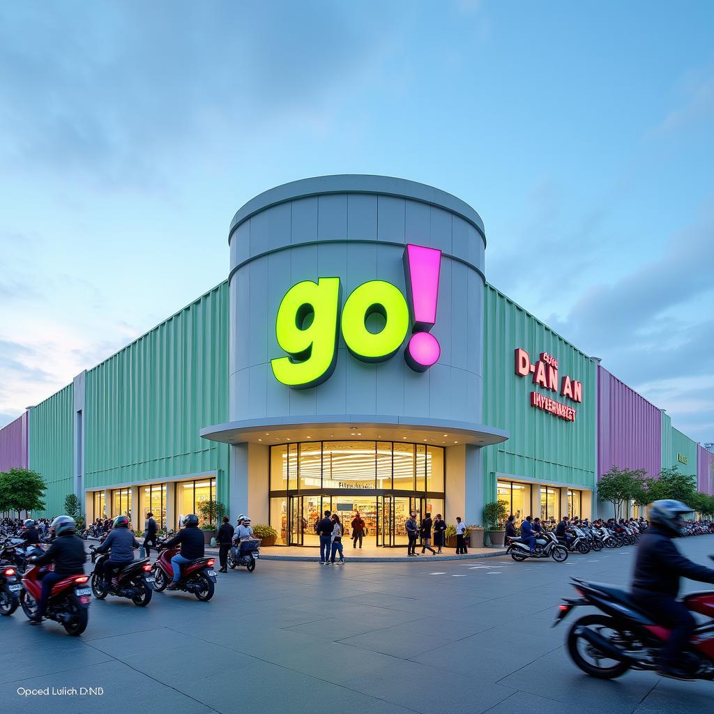 Khuôn viên bên ngoài siêu thị GO! Dĩ An nhộn nhịp người qua lại, một địa điểm mua sắm hiện đại và phổ biến.