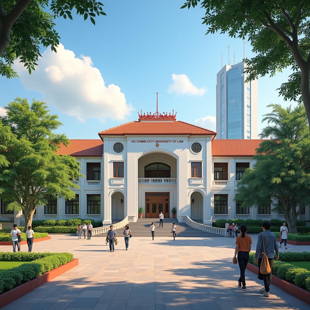 Toàn cảnh khuôn viên Trường Đại học Luật TP.HCM cơ sở Nguyễn Tất Thành quận 4 với sinh viên