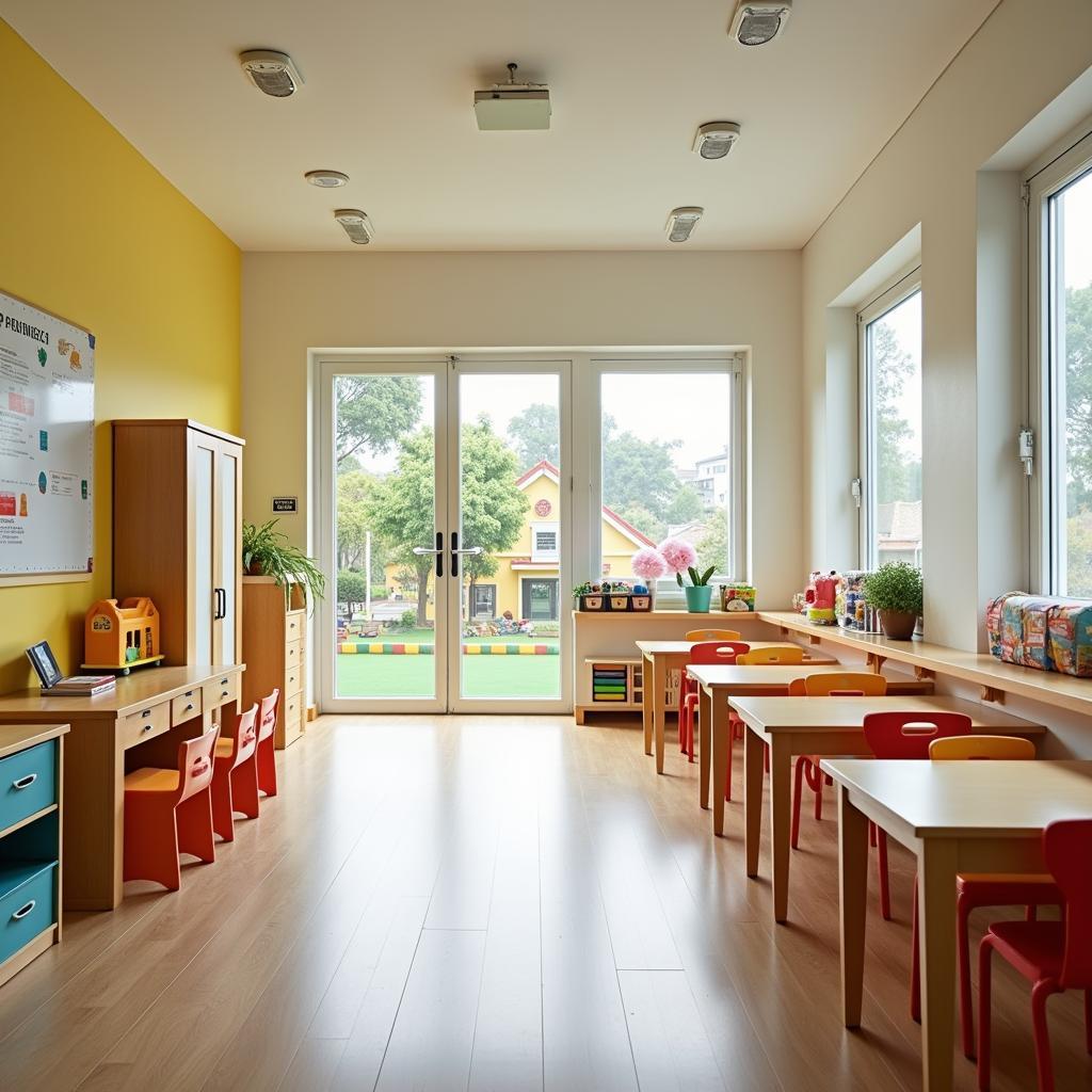 Cận cảnh không gian lớp học và sân chơi hiện đại, an toàn tại Trường Mầm non Hoa Linh, Hải Dương.
