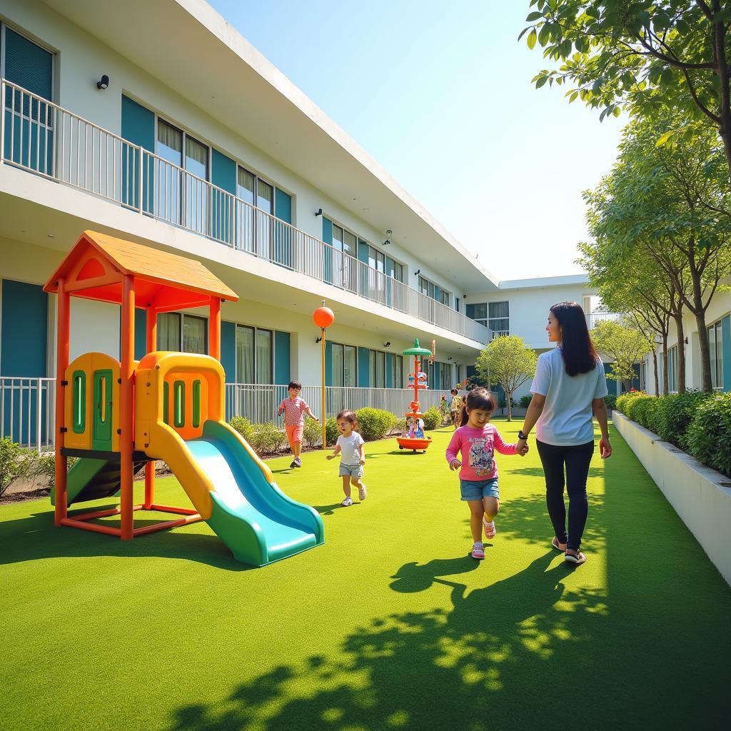 Hình ảnh sân chơi ngoài trời đầy màu sắc và an toàn của Trường Mầm non Sunshine tại khu dân cư Khang An, Thủ Đức