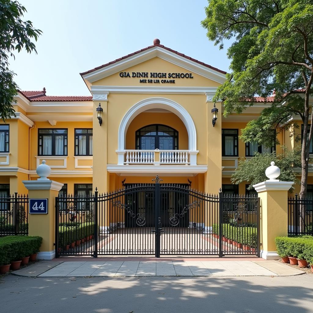 Cổng chính Trường THPT Gia Định tại địa chỉ 44 Võ Oanh, Quận Bình Thạnh, TP.HCM.
