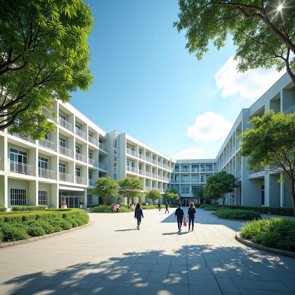 Toàn cảnh Trường THPT Võ Minh Đức với cơ sở vật chất hiện đại, sân trường rộng và nhiều cây xanh mát.