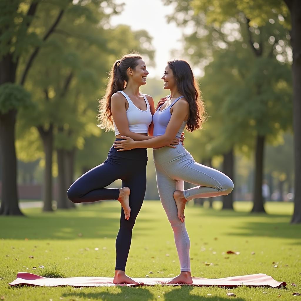 Hai người bạn đang thực hiện tư thế yoga đôi đơn giản trong công viên, thể hiện sự gắn kết và niềm vui trong thử thách yoga đôi.