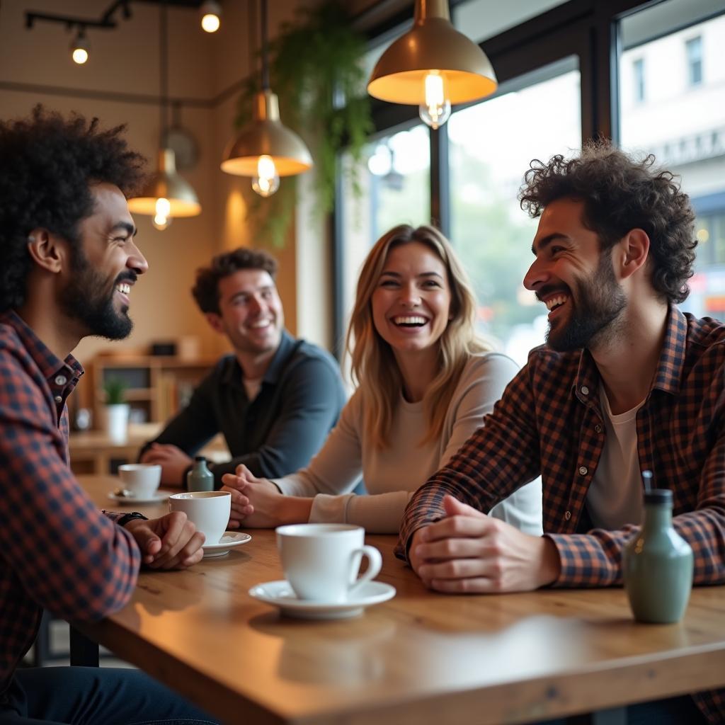 Một nhóm bạn đa dạng đang cười nói vui vẻ tại một quán cà phê, thể hiện một cuộc gặp gỡ thành công sau khi quen biết online. Khung cảnh tươi sáng, ấm cúng, truyền tải thông điệp tích cực về việc hạn chế rủi ro và xây dựng tình bạn thật.