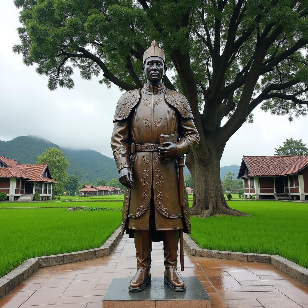 Tượng đài Điện Súy Thượng tướng quân Phạm Ngũ Lão uy nghiêm tại trung tâm xã ở Hưng Yên