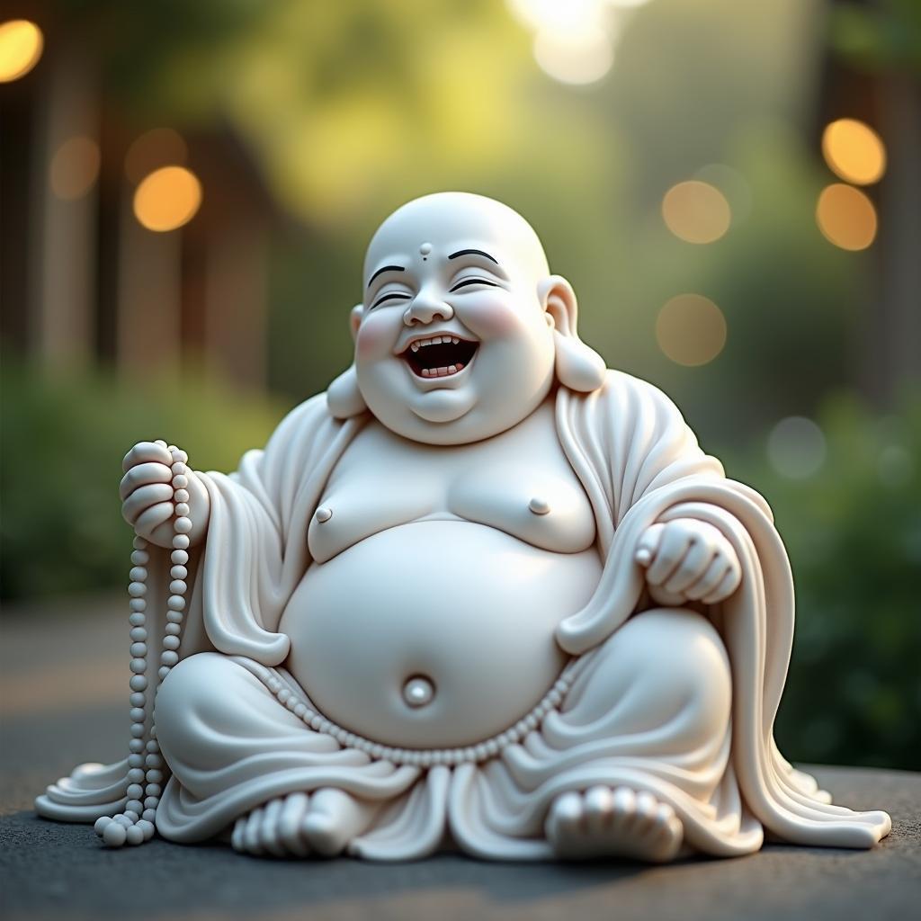 Hình ảnh tượng Phật Di Lặc bằng đá cẩm thạch trắng đang mỉm cười hoan hỷ, toát lên vẻ an lạc và viên mãn