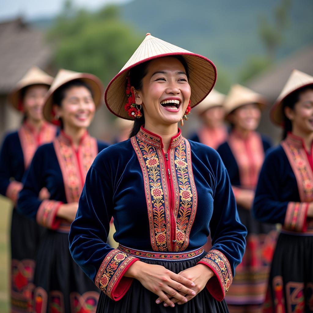 Phụ nữ Sán Dìu ở Xã Đạo Trù trong trang phục truyền thống đang biểu diễn hát Soọng cô