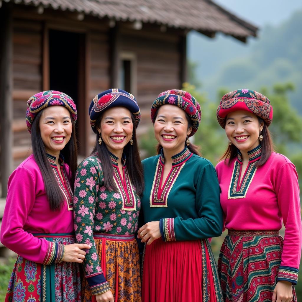 Một nhóm phụ nữ dân tộc địa phương tại Xã Đồng Văn, Tỉnh Tuyên Quang trong trang phục truyền thống rực rỡ