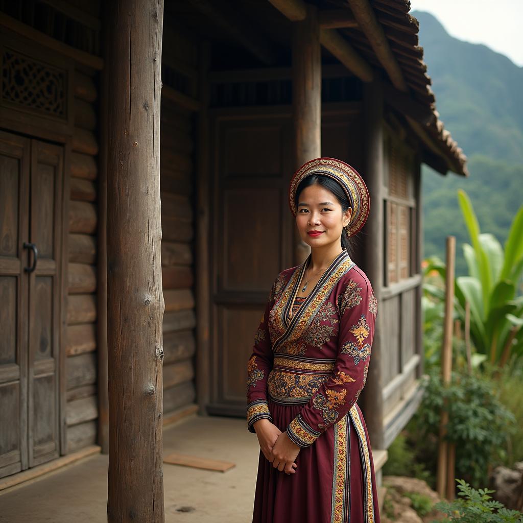 Hình ảnh người phụ nữ Mường trong trang phục truyền thống đứng bên ngôi nhà sàn đặc trưng ở xã Tân Sơn, Phú Thọ.