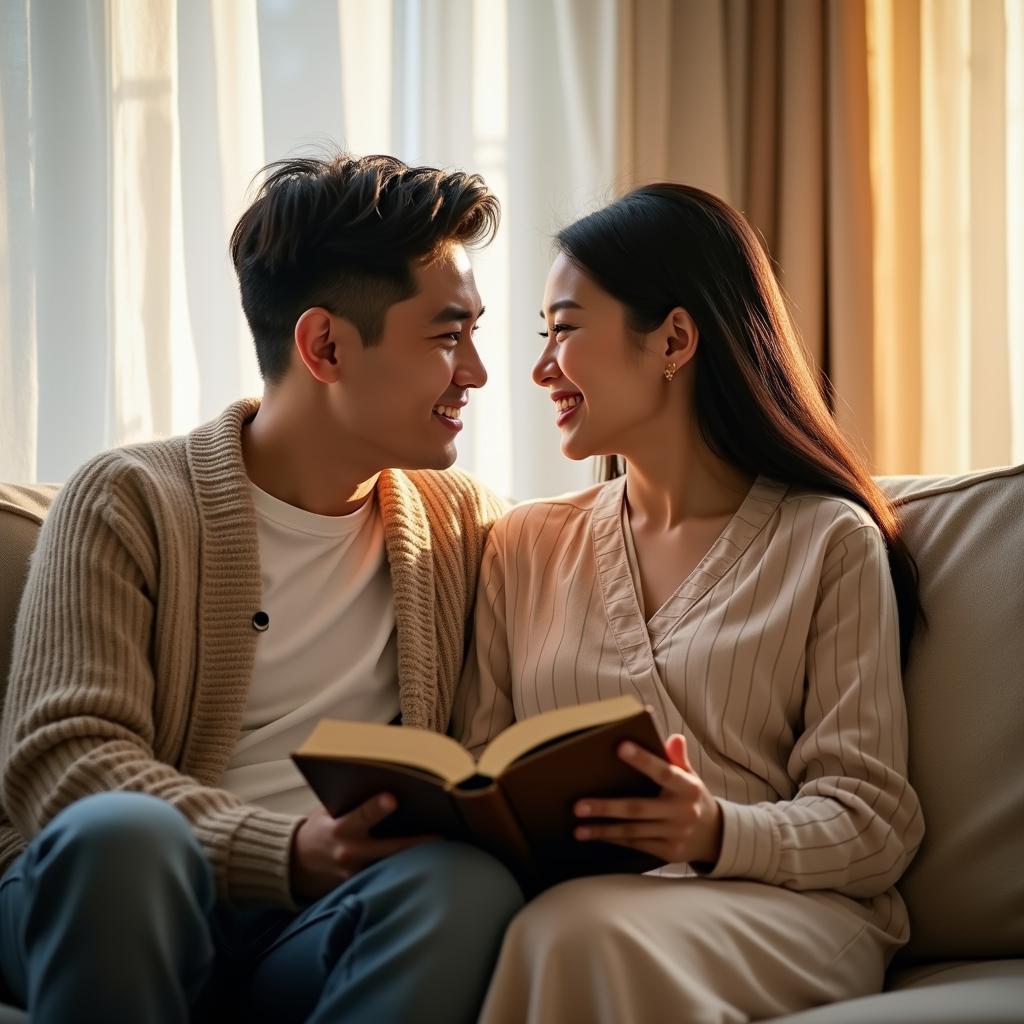 Hình ảnh Vãn Tình và chồng minh họa cho sự thấu hiểu và sẻ chia trong hôn nhân, một triết lý sâu sắc