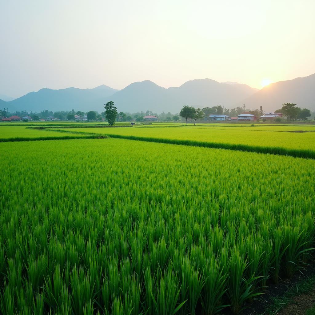 Cánh đồng lúa xanh mướt tại Xã Đạo Viện, Tỉnh Tuyên Quang vào buổi sáng sớm yên bình