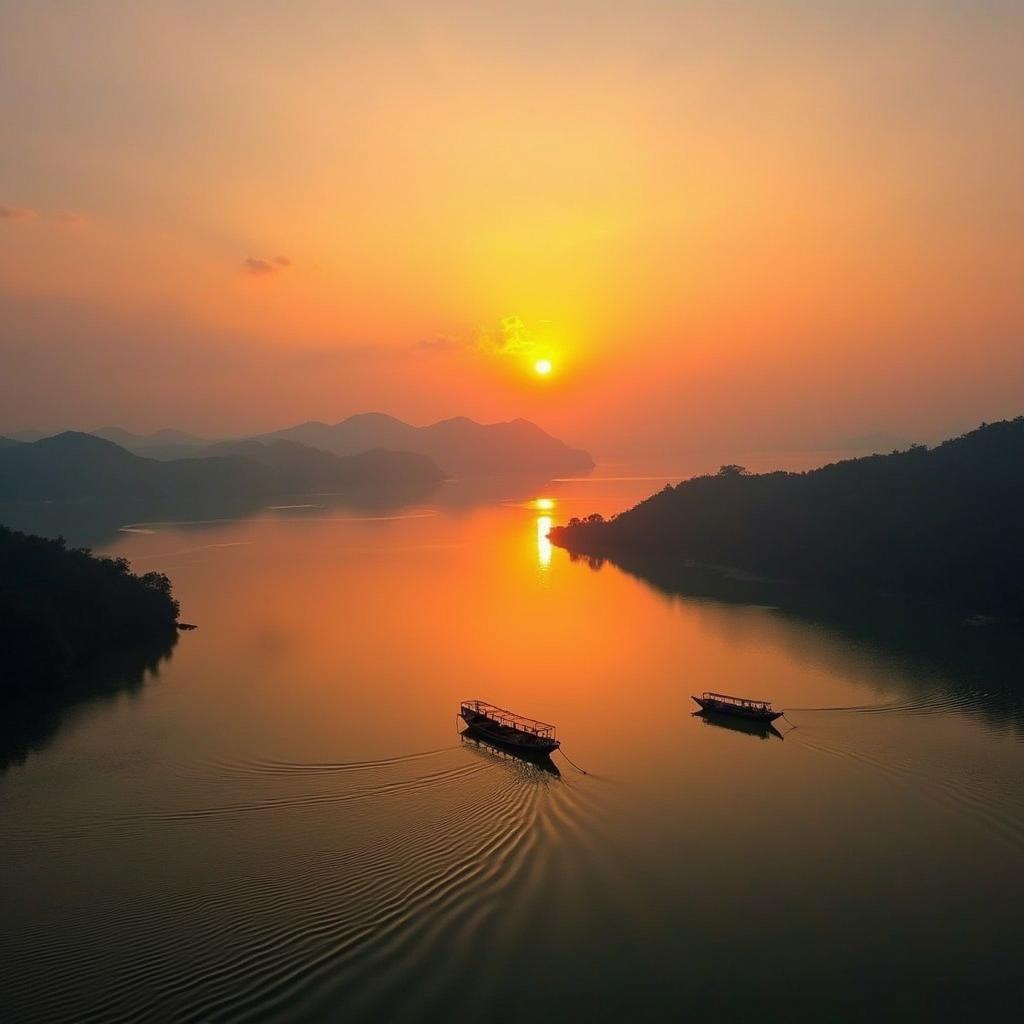 Vẻ đẹp thơ mộng của hoàng hôn trên Hồ Dầu Tiếng gần Xã Dầu Tiếng, Huyện Dầu Tiếng, Tỉnh Bình Dương