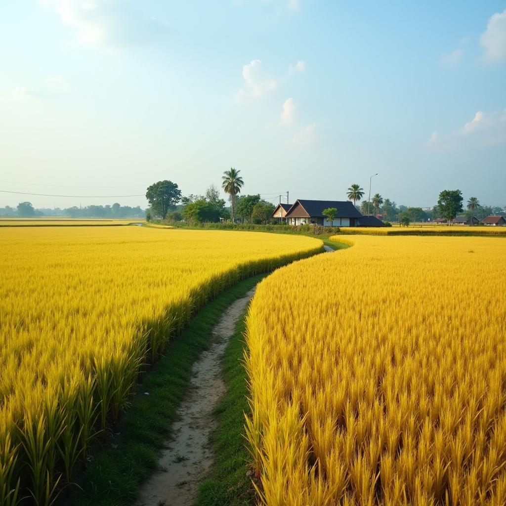 Bức tranh bình dị của nông thôn Xã Hát Môn, Huyện Phúc Thúc, Hà Nội với cánh đồng lúa vàng và con đường làng