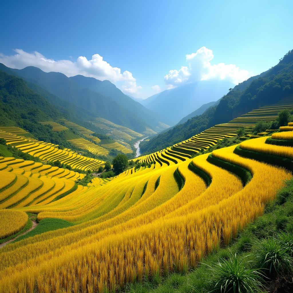 Vẻ đẹp hùng vĩ của ruộng bậc thang tại thung lũng Mường Hum, xã Mường Hum, tỉnh Lào Cai vào mùa lúa chín.