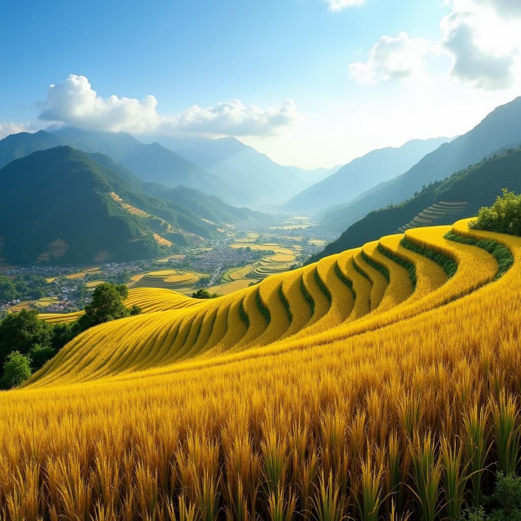 Vẻ đẹp hùng vĩ của ruộng bậc thang Pha Long, Lào Cai vào mùa lúa chín vàng óng ả.