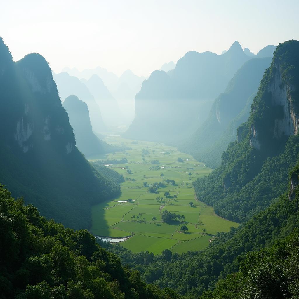 Vẻ đẹp hoang sơ của Xã Sảng Mộc với những dãy núi đá vôi hùng vĩ và thung lũng xanh mướt trải dài.