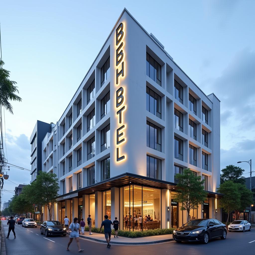 Mặt tiền khách sạn Bob Hotel tại 42 Lê Đức Thọ, vị trí trung tâm sầm uất và thuận tiện di chuyển.