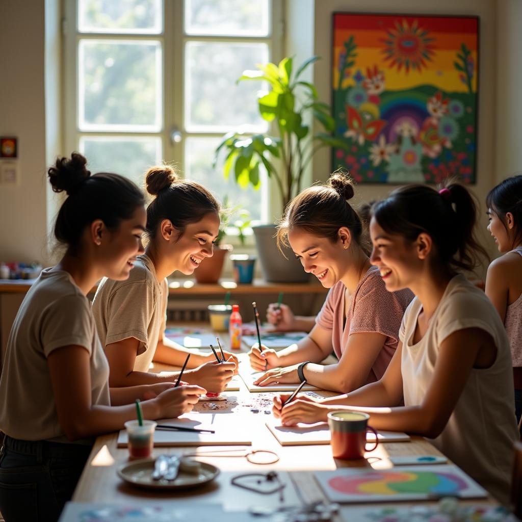 Nhóm bạn trẻ LGBTQ+ vui vẻ tham gia workshop nghệ thuật, một hoạt động kết nối trong không gian an toàn.