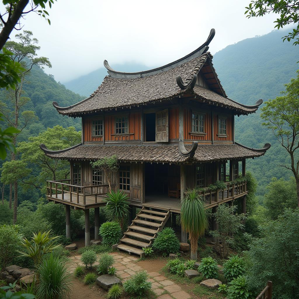 Ngôi nhà sàn truyền thống của người dân tộc tại Xã Đà Vị, Tỉnh Tuyên Quang nép mình giữa cảnh quan thiên nhiên