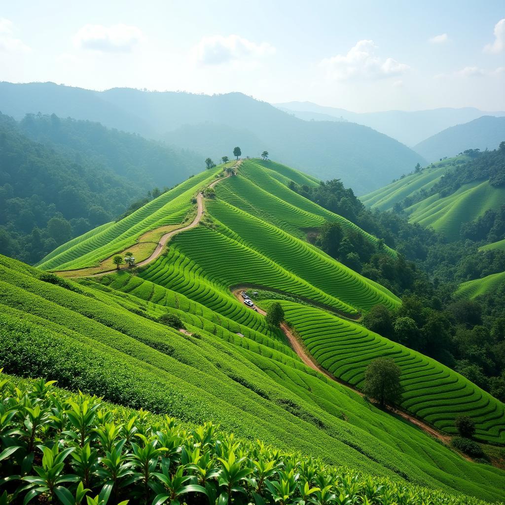 Những đồi chè xanh mướt và con đường nhỏ tại Xã Đồng Hỷ, Tỉnh Thái Nguyên, thể hiện đặc trưng nông nghiệp địa phương