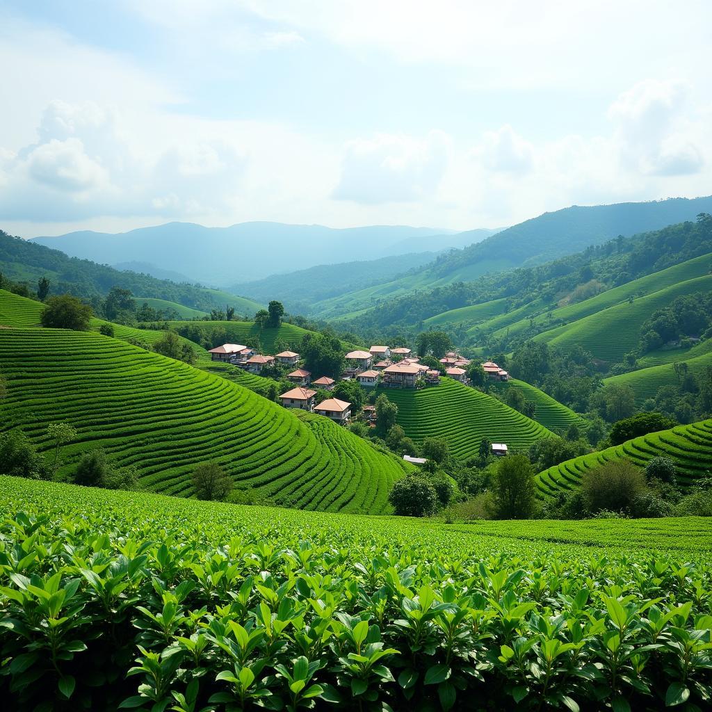 Toàn cảnh yên bình của một làng quê tại Xã Đồng Hỷ, Tỉnh Thái Nguyên với những nương chè xanh mướt trải dài