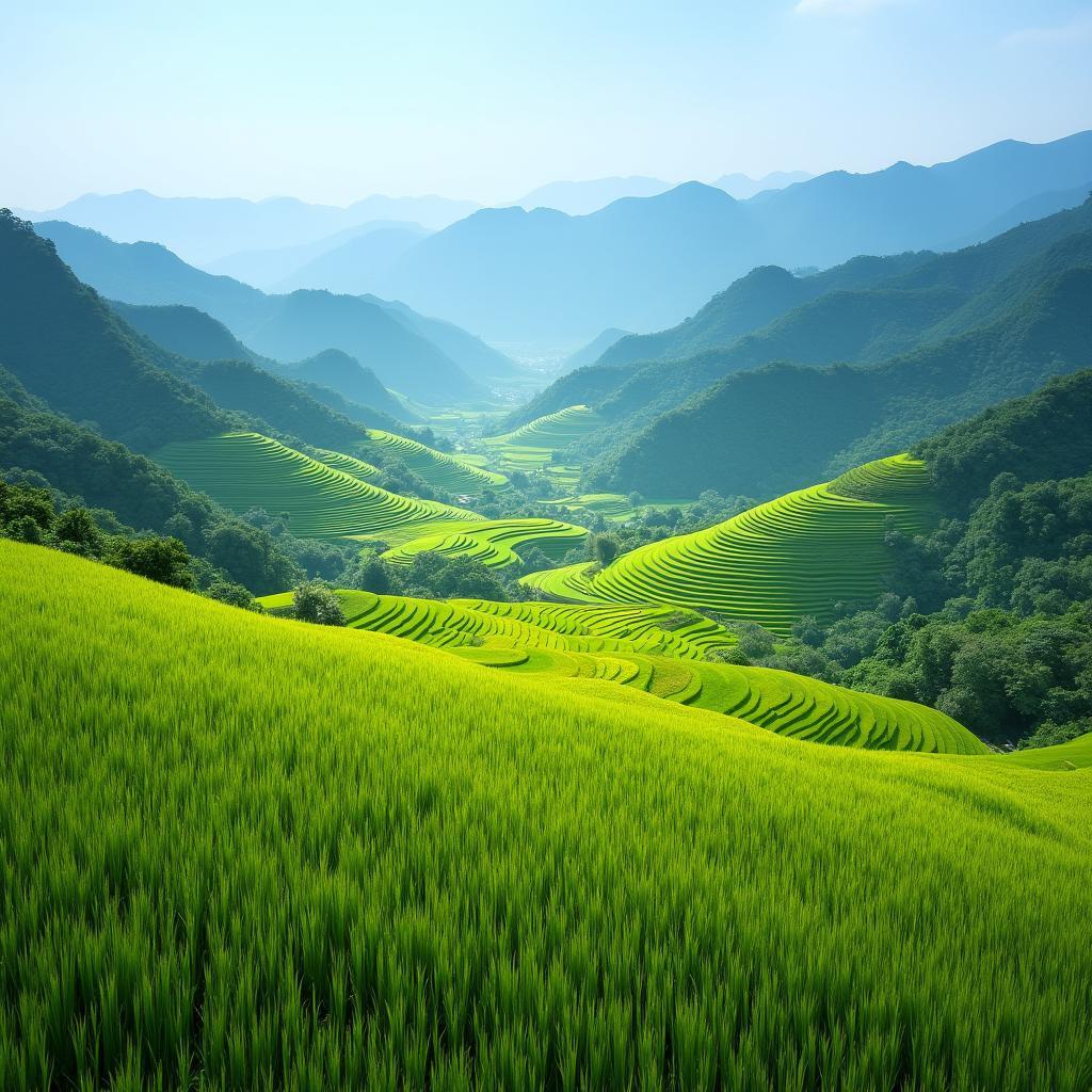 Cảnh đẹp bình yên của cánh đồng lúa và núi non tại Xã Đồng Tâm, Tỉnh Tuyên Quang