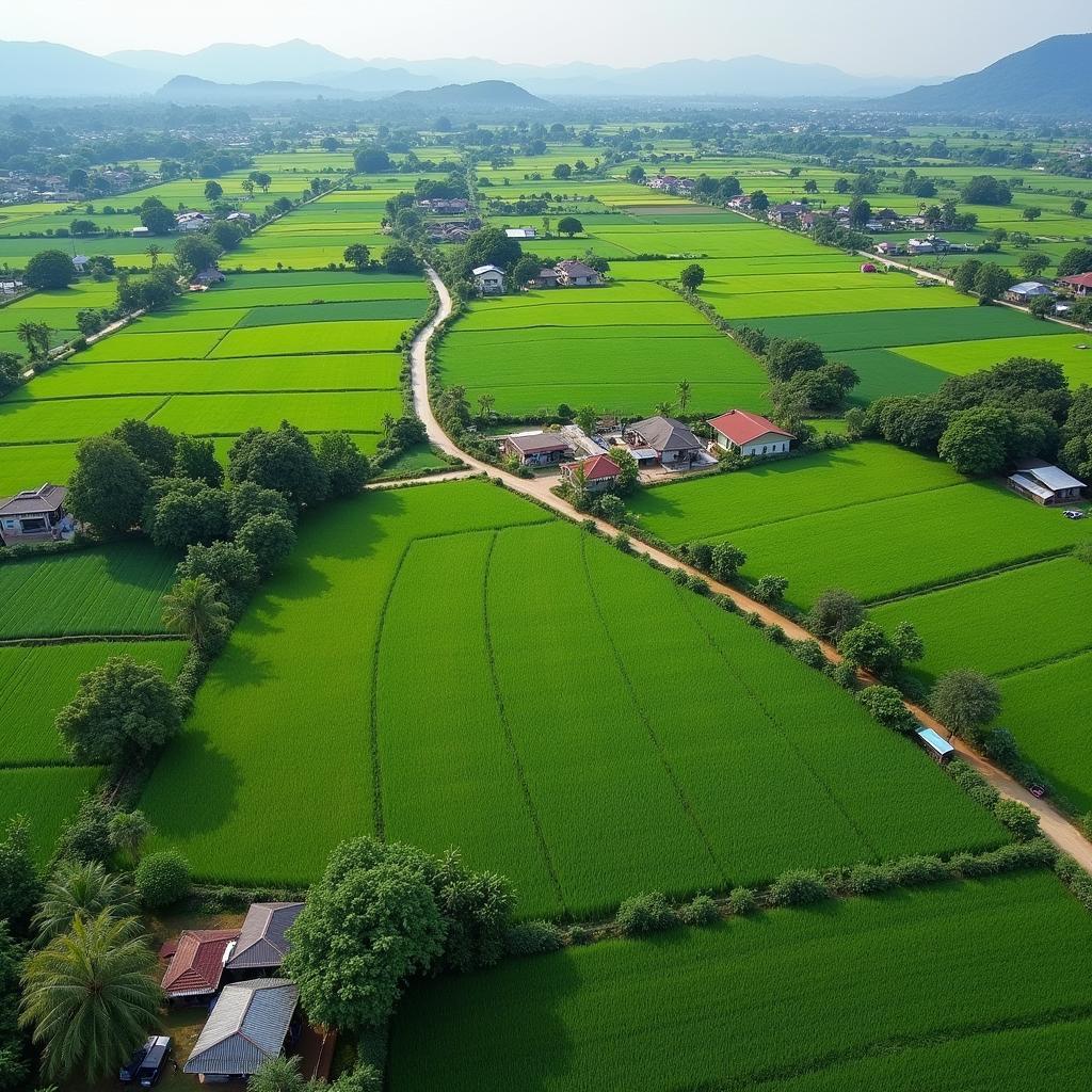 Toàn cảnh vùng nông thôn Xã Lâm Thao nhìn từ trên cao tại Tỉnh Phú Thọ với những cánh đồng và nhà cửa đan xen