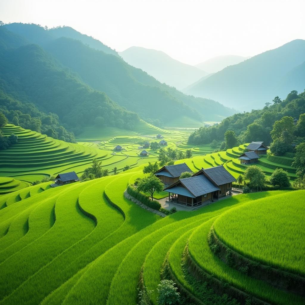 Hình ảnh cánh đồng lúa xanh mướt trải dài tại Xã Lực Hành, Tỉnh Tuyên Quang, mang đến cảm giác bình yên