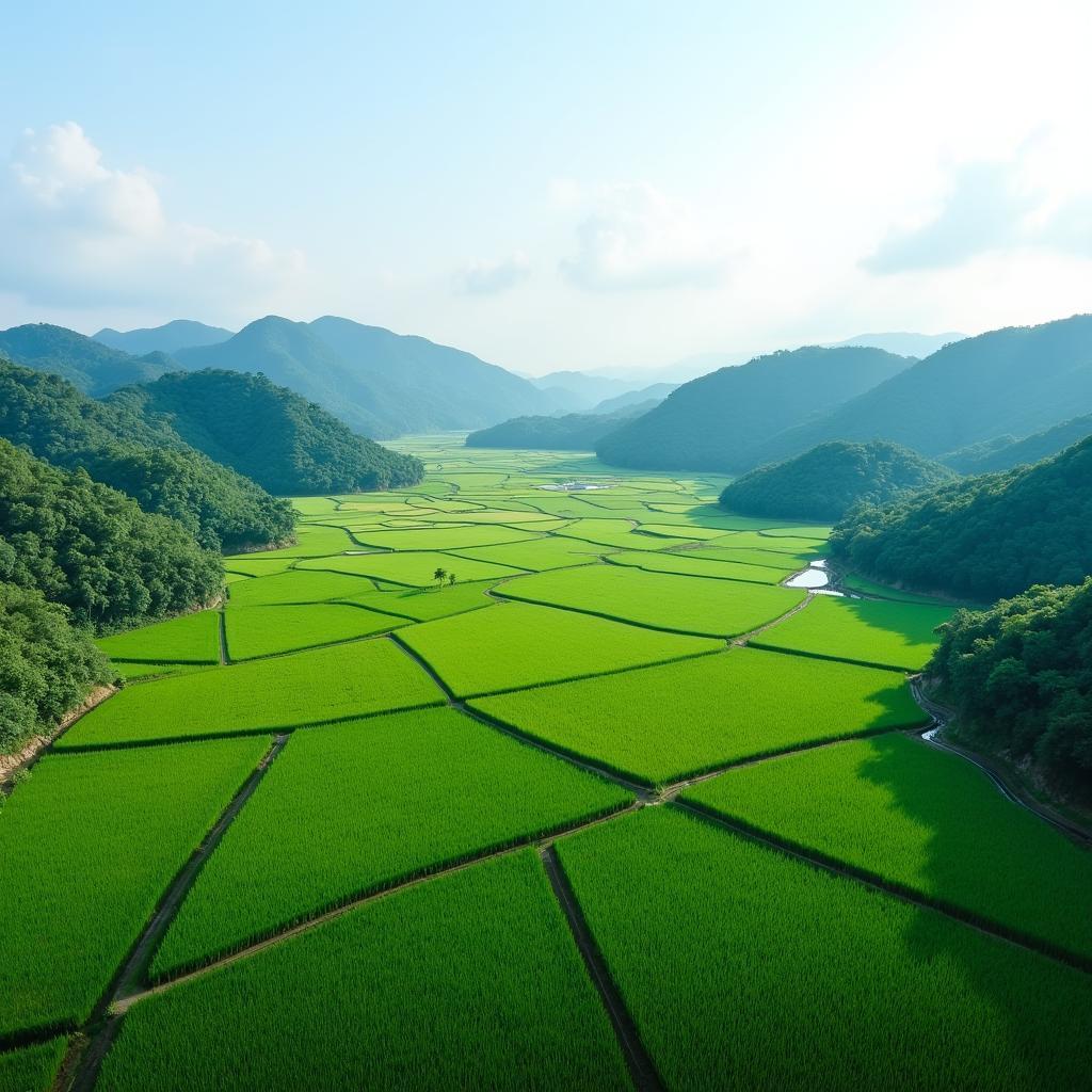 Toàn cảnh Xã Minh Tân, Tỉnh Tuyên Quang nhìn từ trên cao với những thửa ruộng và đồi cây xanh mát