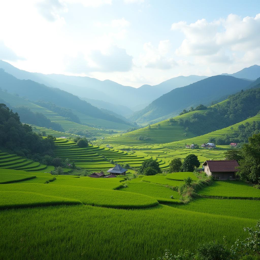Cảnh quan nông thôn yên bình tại Xã Nậm Dịch, Tỉnh Tuyên Quang với núi đồi và ruộng bậc thang
