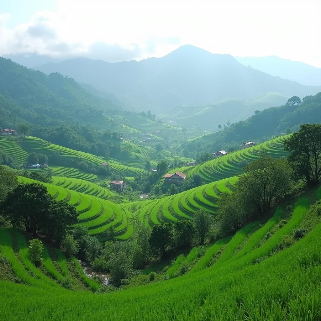 Cảnh quan yên bình với đồi núi và ruộng bậc thang tại Xã Sơn Vĩ, Tỉnh Tuyên Quang