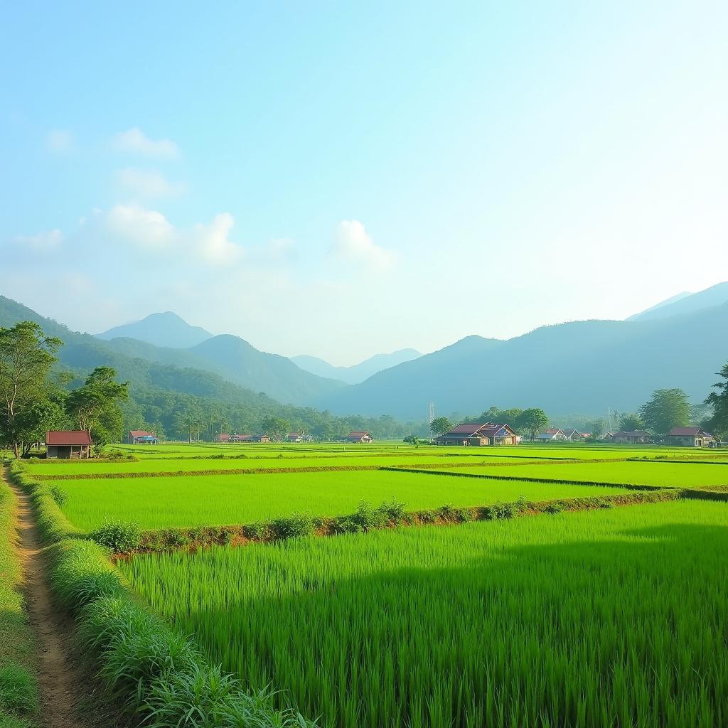 Toàn cảnh Xã Thanh Thủy, Tỉnh Tuyên Quang với ruộng đồng và núi non yên bình.