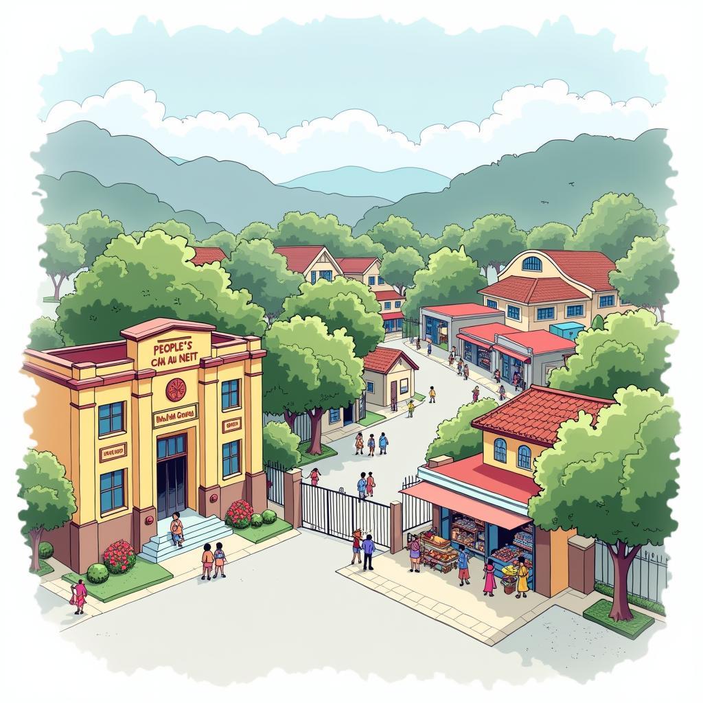Hình ảnh minh họa các điểm quan trọng tại Xã Thuận An như UBND, trường học, chợ dân sinh, đại diện cho trung tâm hành chính và cộng đồng.