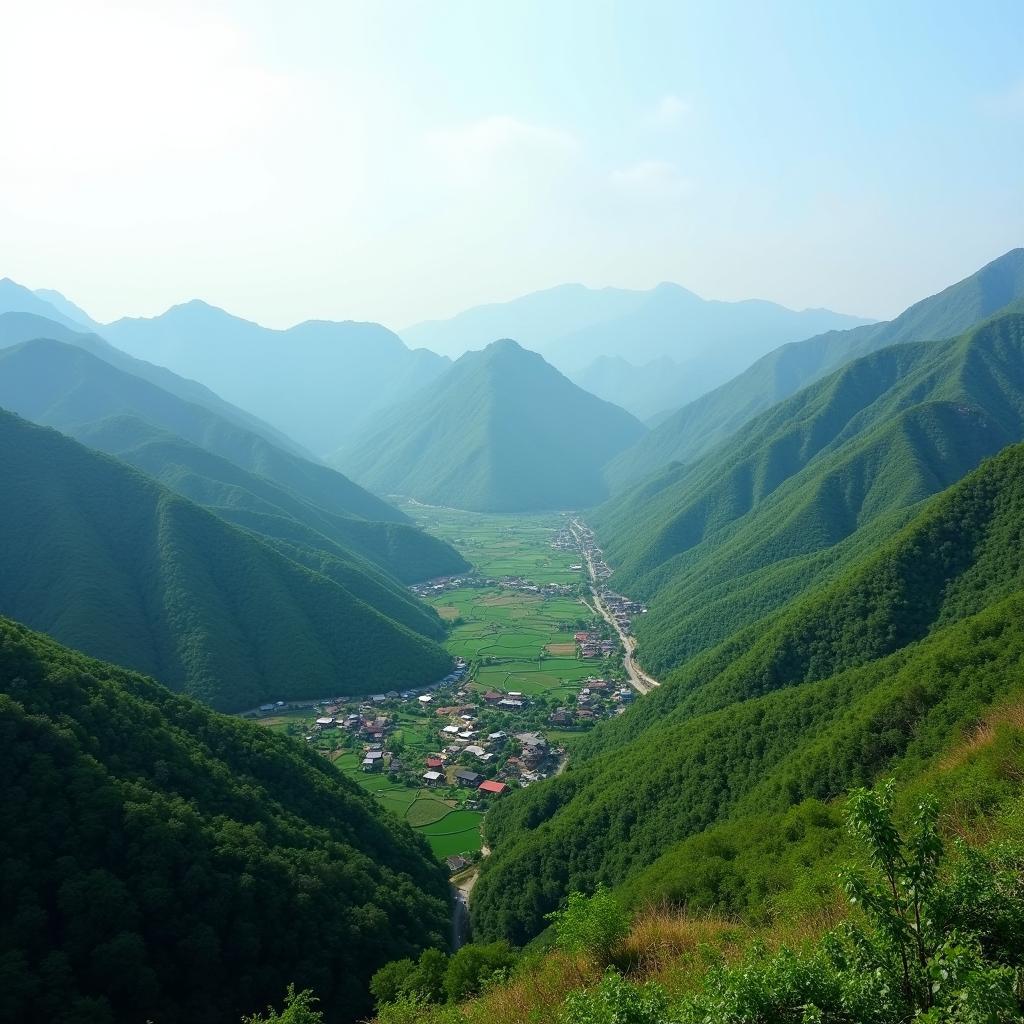 Hình ảnh toàn cảnh xã Tùng Vài Tỉnh Tuyên Quang với núi non và những thửa ruộng xanh mướt, thể hiện vẻ đẹp yên bình của vùng cao.
