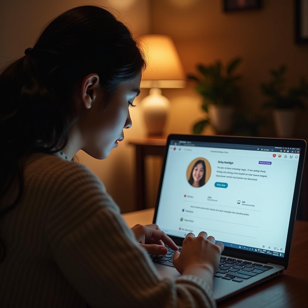 Một người đang cẩn thận xây dựng hồ sơ cá nhân để kết bạn online an toàn và chân thật
